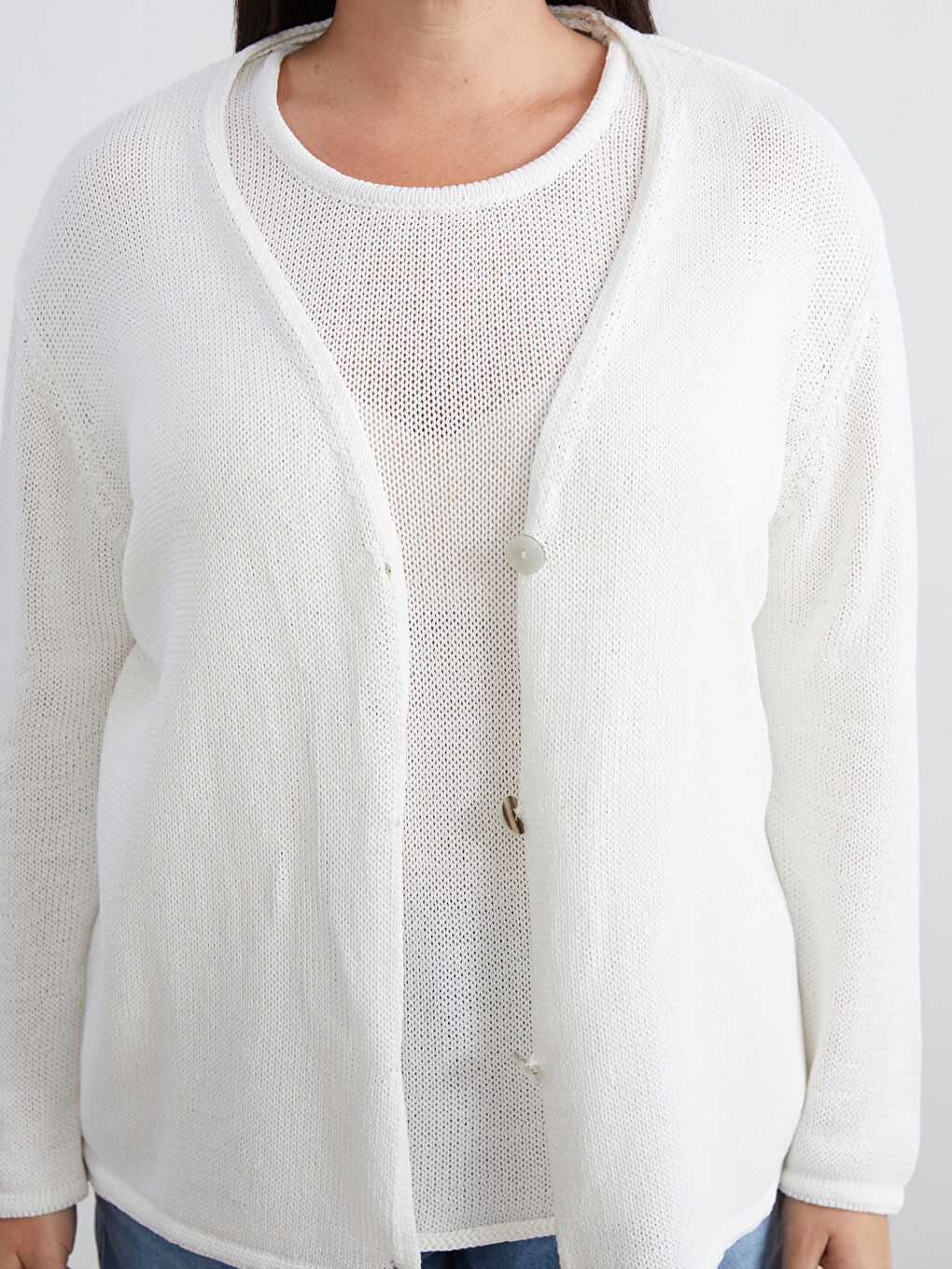 Ekru Büyük Beden V Yaka Kadın Triko Hırka-2