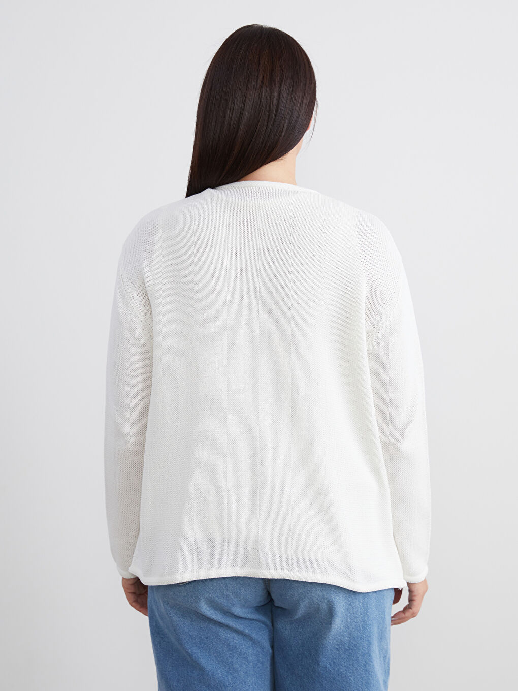 Ekru Büyük Beden V Yaka Kadın Triko Hırka-3