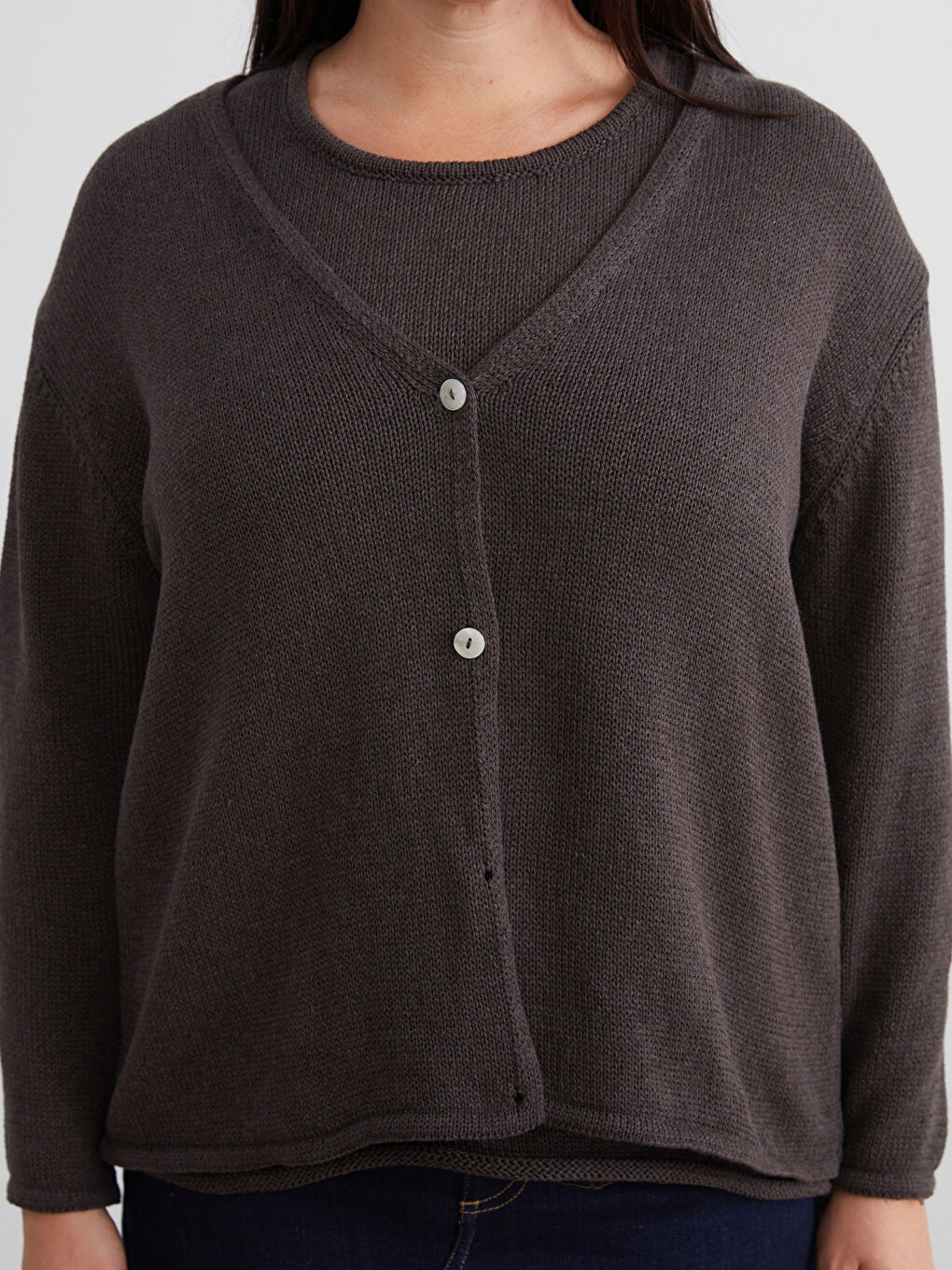 Kahverengi Büyük Beden V Yaka Kadın Triko Hırka-2