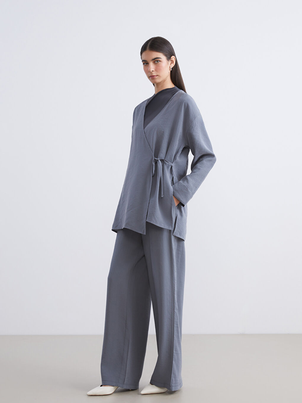 Gri Beli Lastikli Modal Karışımlı Kadın Pantolon