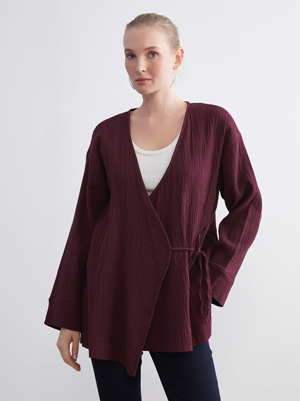 Bordo Kruvaze Yaka Dokulu Kadın Kimono