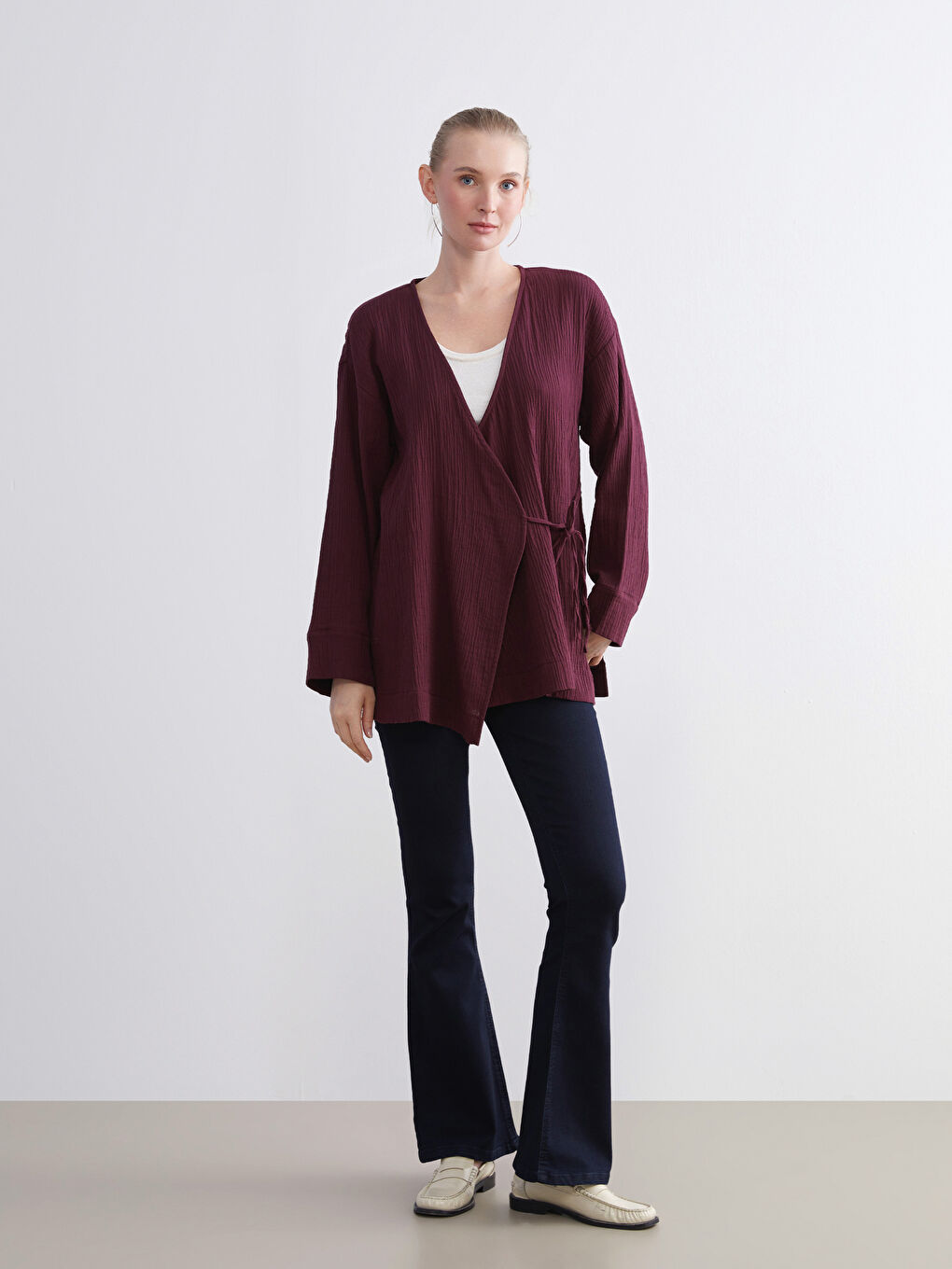 Bordo Kruvaze Yaka Dokulu Kadın Kimono-1