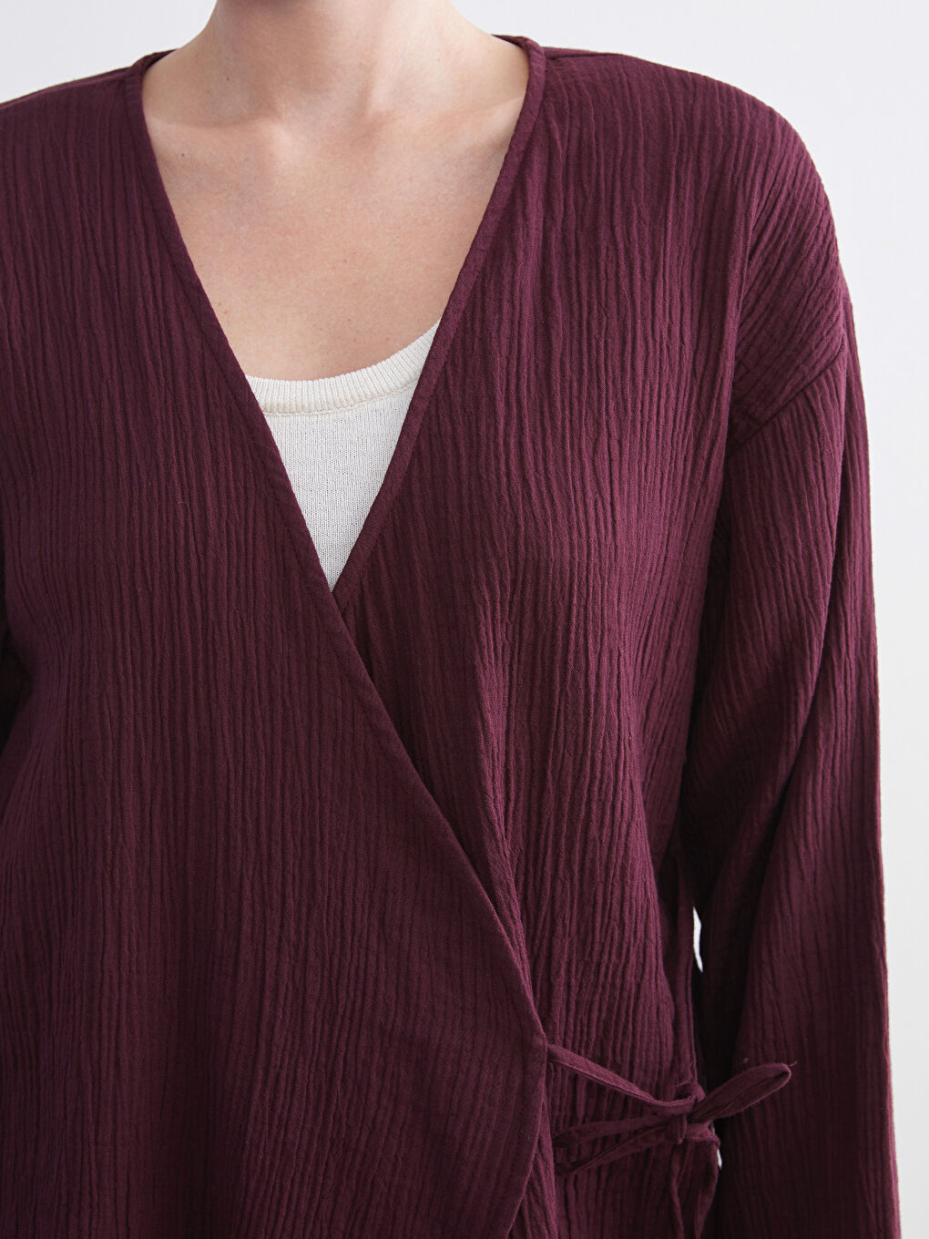 Bordo Kruvaze Yaka Dokulu Kadın Kimono-2