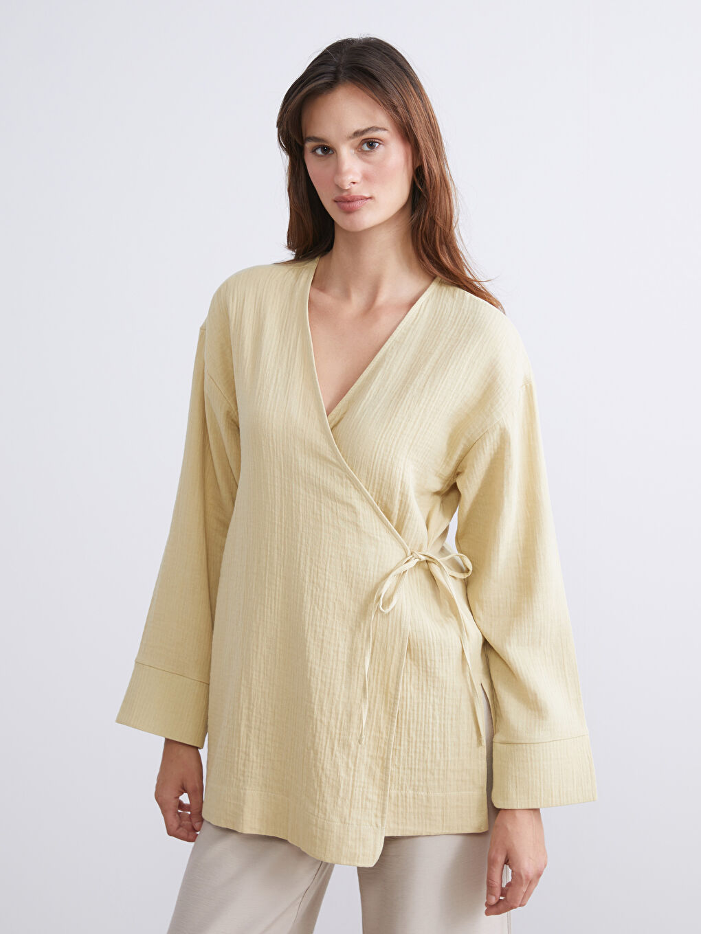 Haki Kruvaze Yaka Dokulu Kadın Kimono