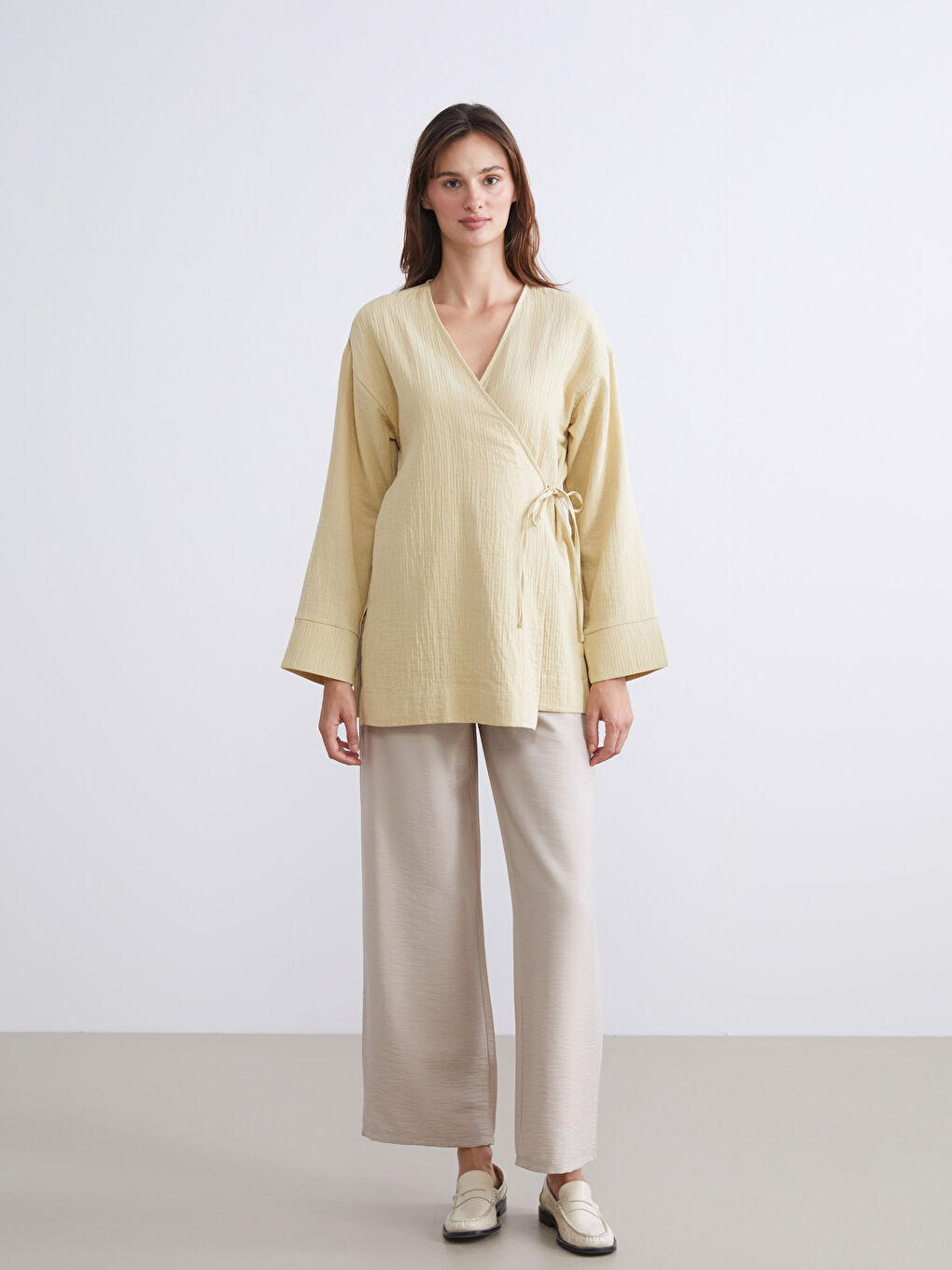 Haki Kruvaze Yaka Dokulu Kadın Kimono-1