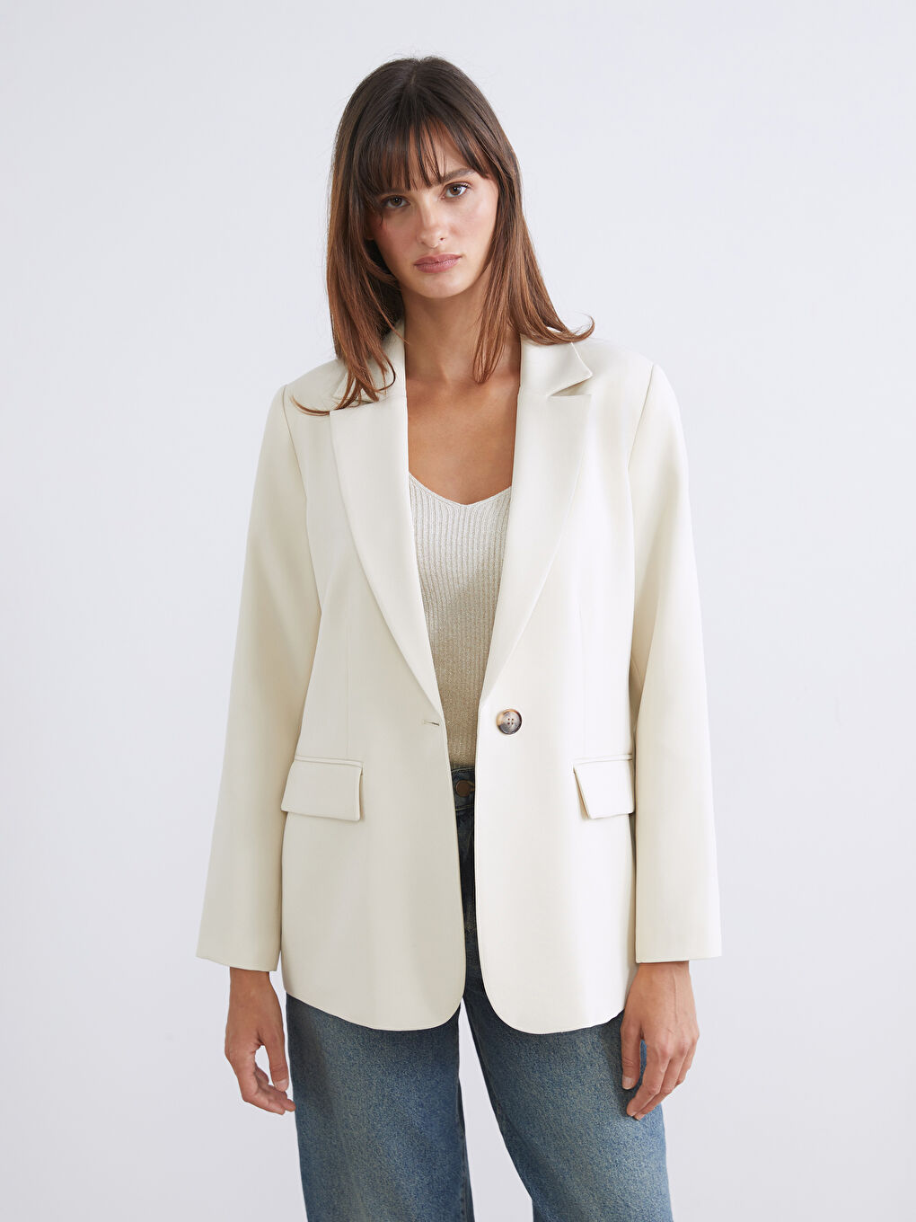 Bej Krep Kadın Blazer Ceket