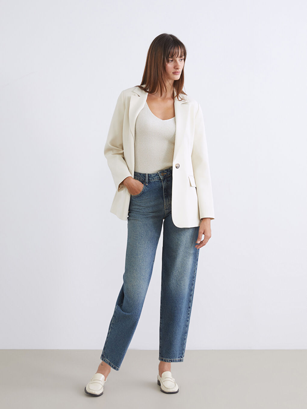 Bej Krep Kadın Blazer Ceket-1