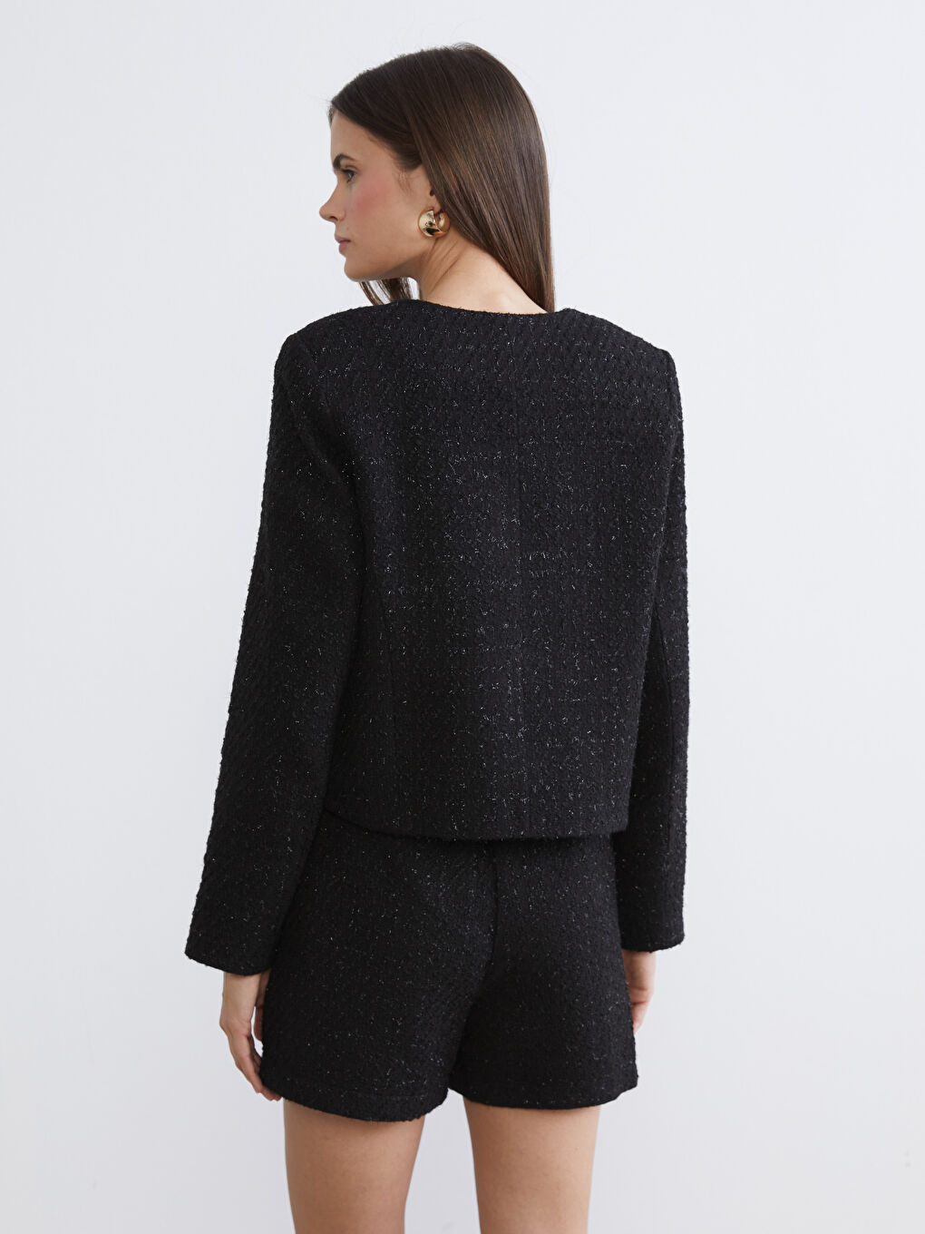 Siyah Bisiklet Yaka Kadın Tüvit Ceket-4