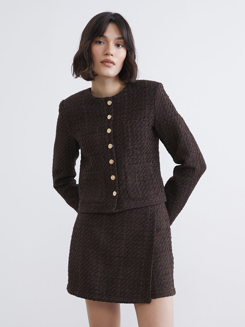 Crew Neck Women's Tweed Jacket-1