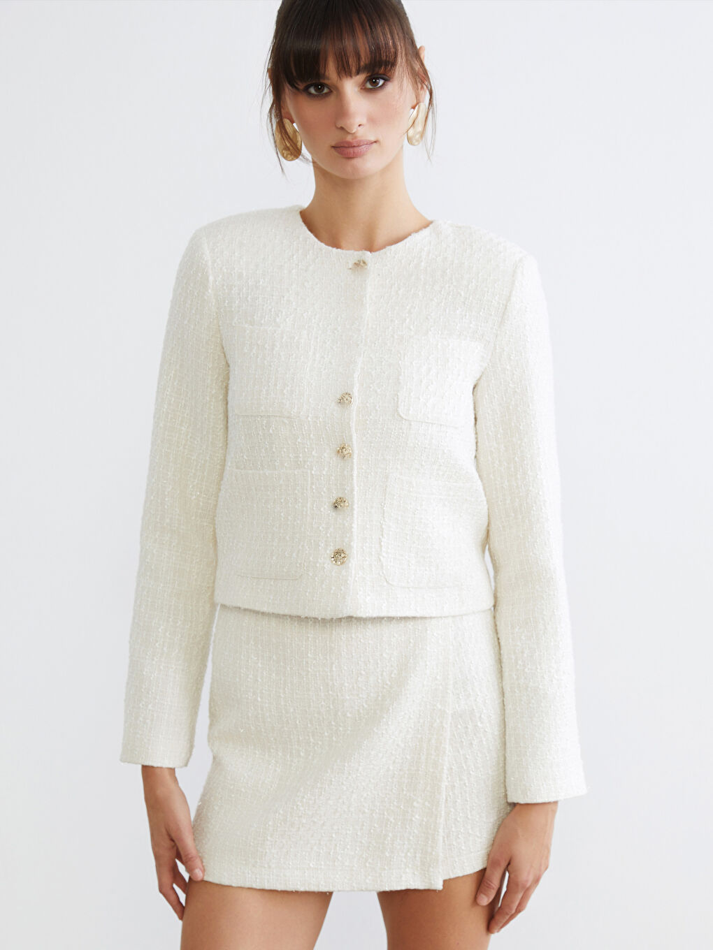 Ekru Bisiklet Yaka Kadın Tüvit Ceket