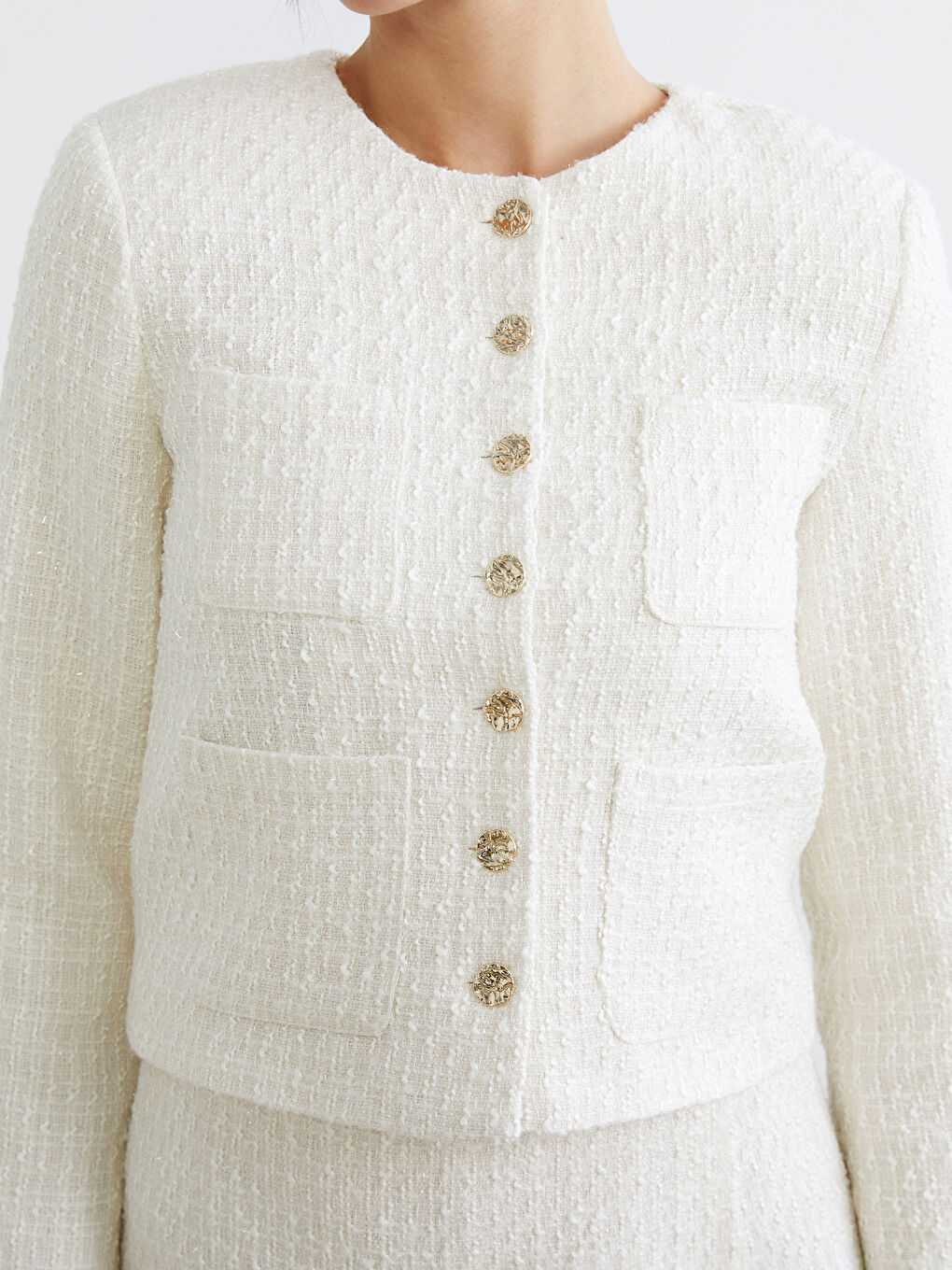 Ekru Bisiklet Yaka Kadın Tüvit Ceket-2