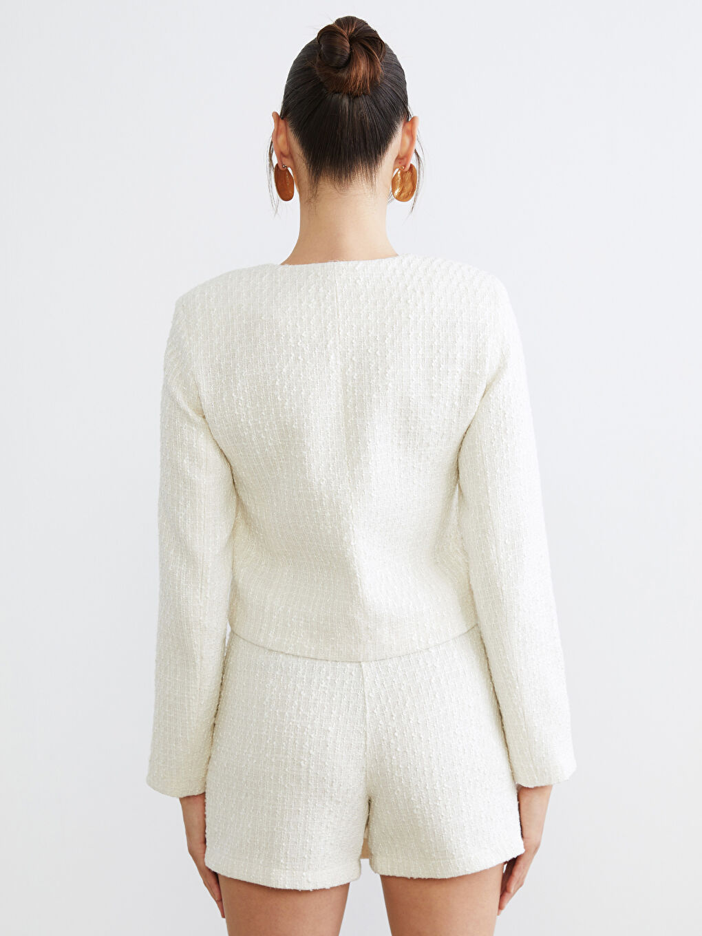 Ekru Bisiklet Yaka Kadın Tüvit Ceket-3