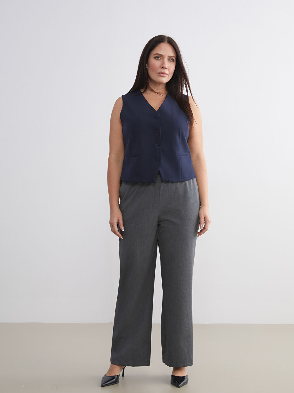 Lacivert V Yaka Kadın Klasik Yelek-5