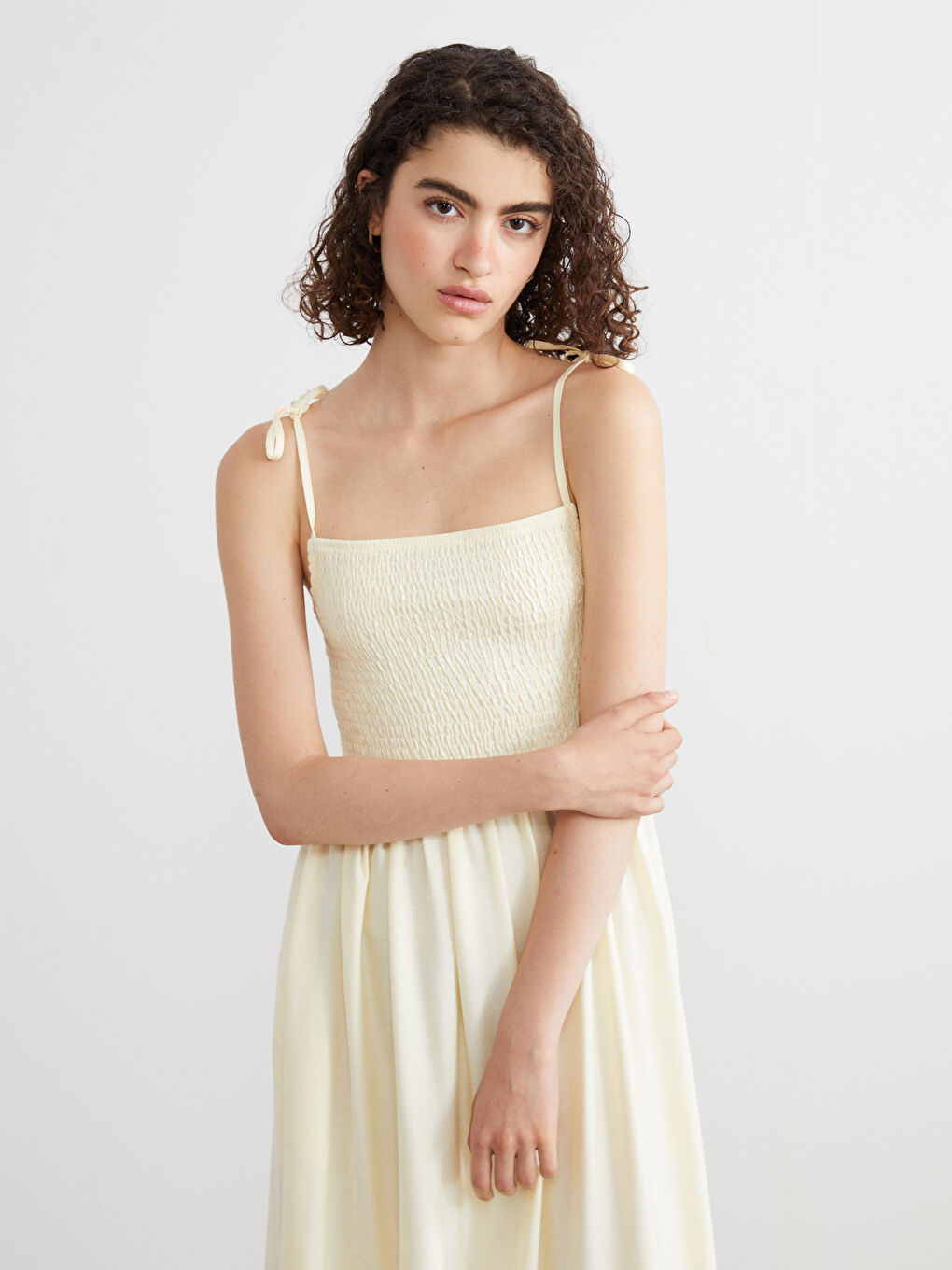 Sarı Kare Yaka Keten Karışımlı Elbise-1