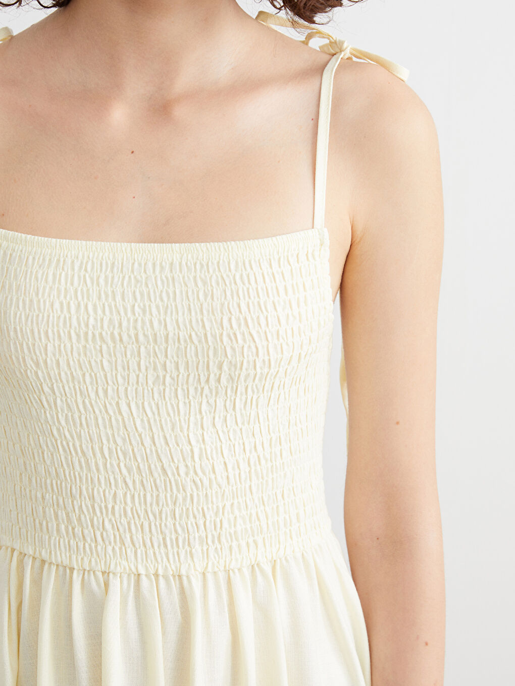 Sarı Kare Yaka Keten Karışımlı Elbise-2