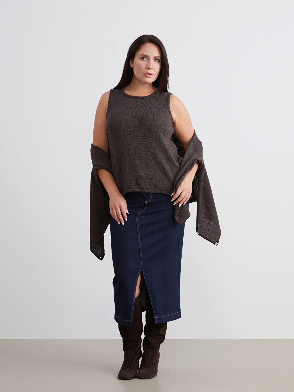 Kahverengi Büyük Beden Bisiklet Yaka Kadın Triko Kazak-1