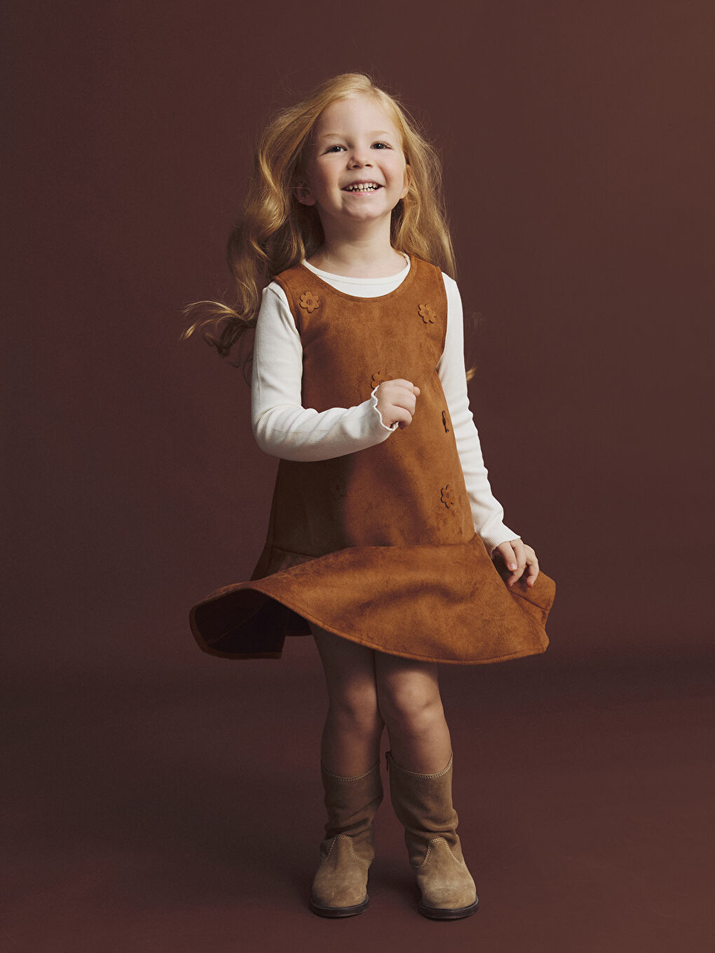 Kahverengi Bisiklet Yaka Çiçekli Kız Çocuk Elbise ve Tişört-1