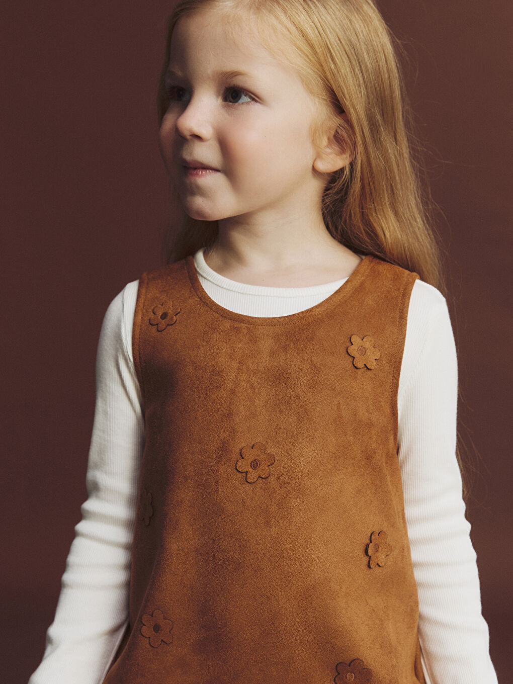 Kahverengi Bisiklet Yaka Çiçekli Kız Çocuk Elbise ve Tişört-2