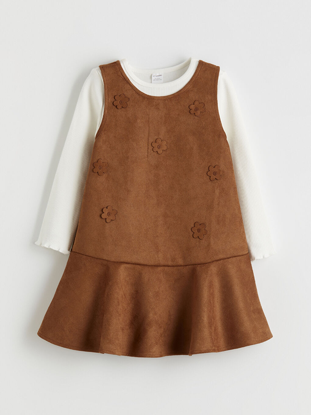 Kahverengi Bisiklet Yaka Çiçekli Kız Çocuk Elbise ve Tişört-3