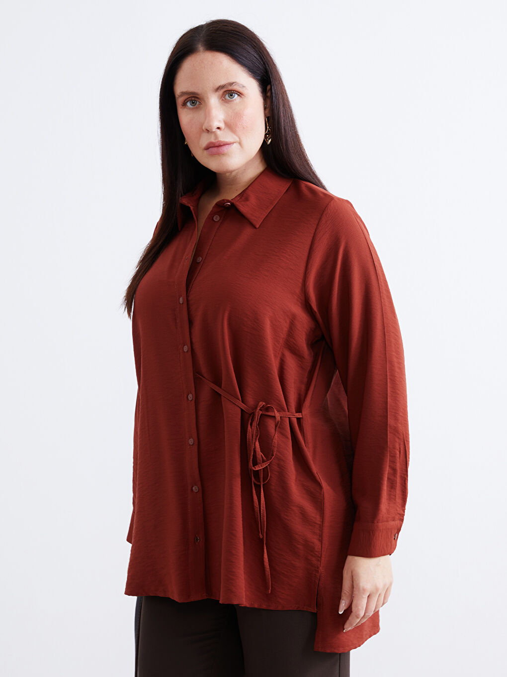Kahverengi Beli Bağlamalı Kadın Gömlek Tunik-1