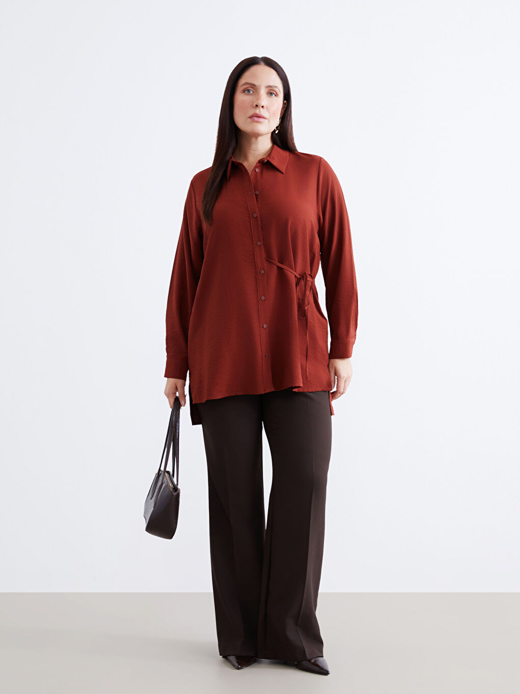 Kahverengi Beli Bağlamalı Kadın Gömlek Tunik-5