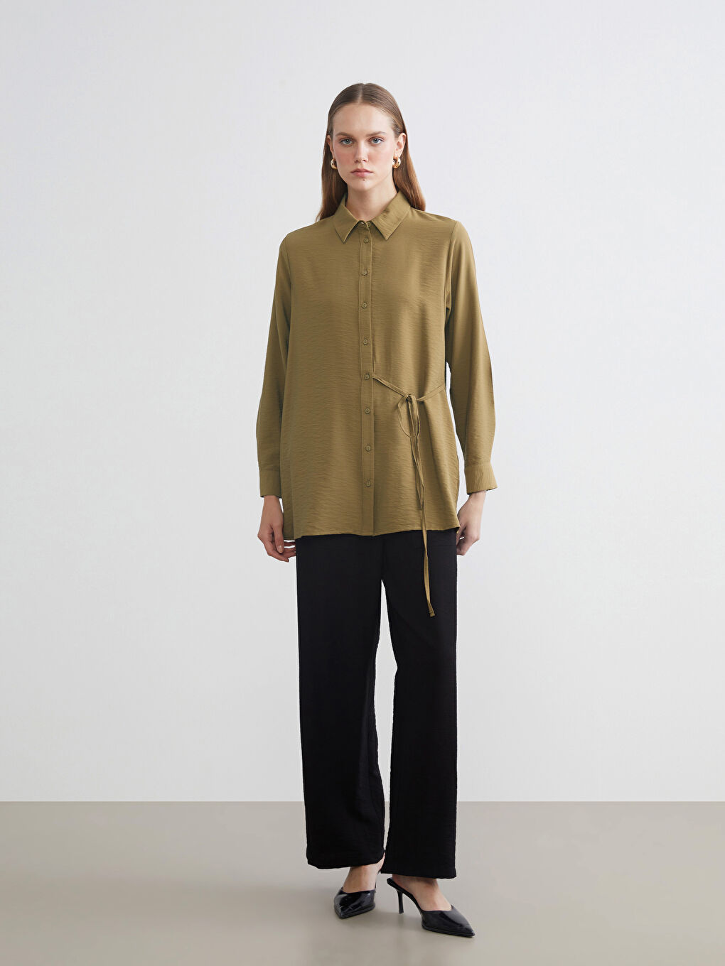 Yeşil Beli Bağlamalı Kadın Gömlek Tunik-1