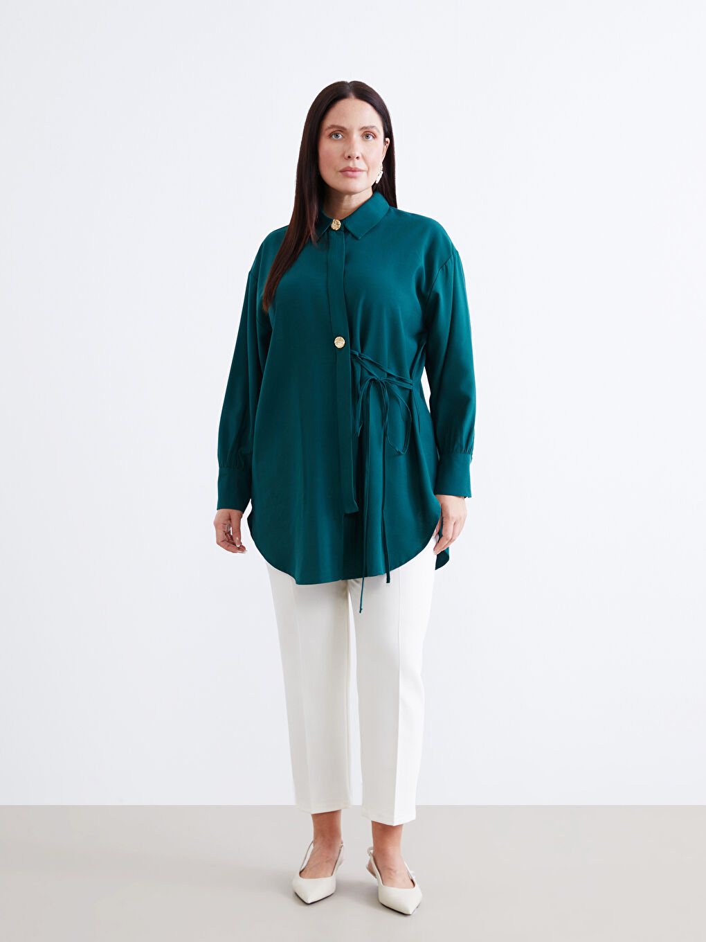 Yeşil Bağlama Detaylı Kadın Gömlek Tunik-5