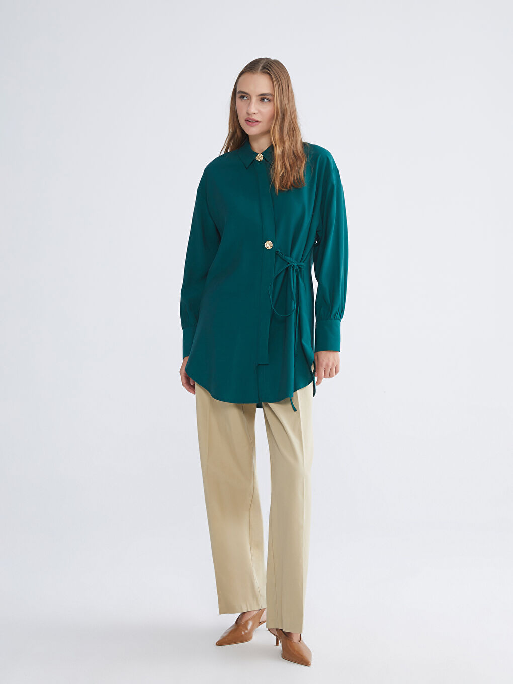Yeşil Bağlama Detaylı Kadın Gömlek Tunik-2