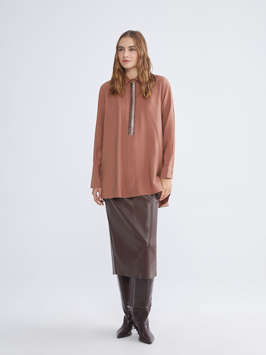 Kahverengi Dokulu Kadın Gömlek Tunik-1