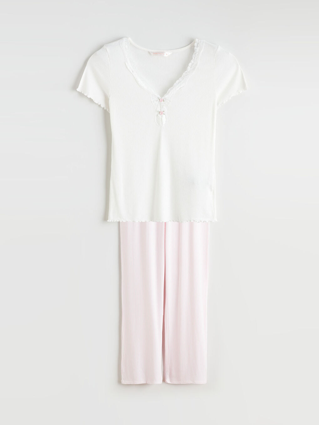 Pembe V Yaka Çizgili Kadın Pijama Takımı-4