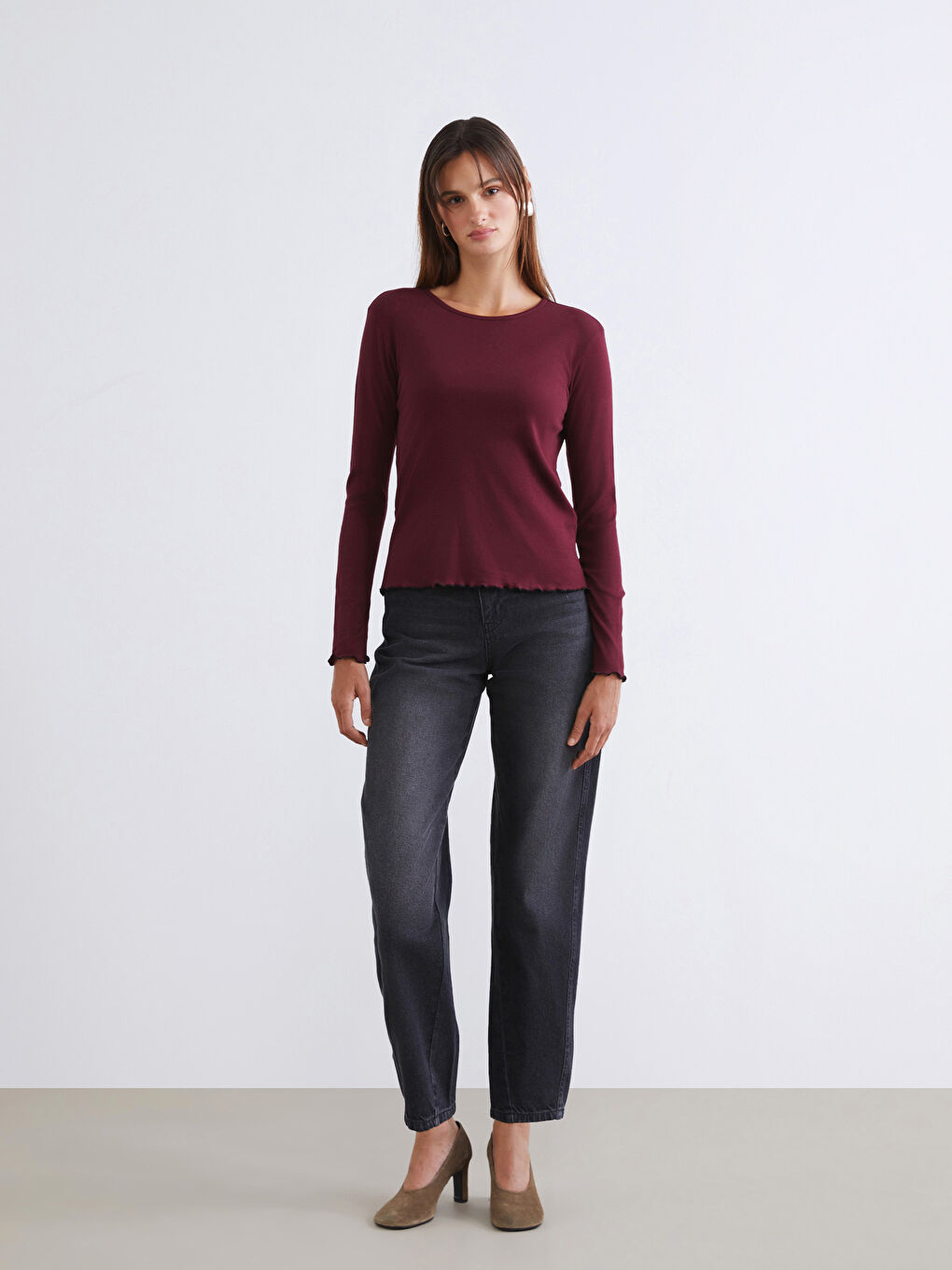 Bordo Bisiklet Yaka Kadın Body 2'li-3