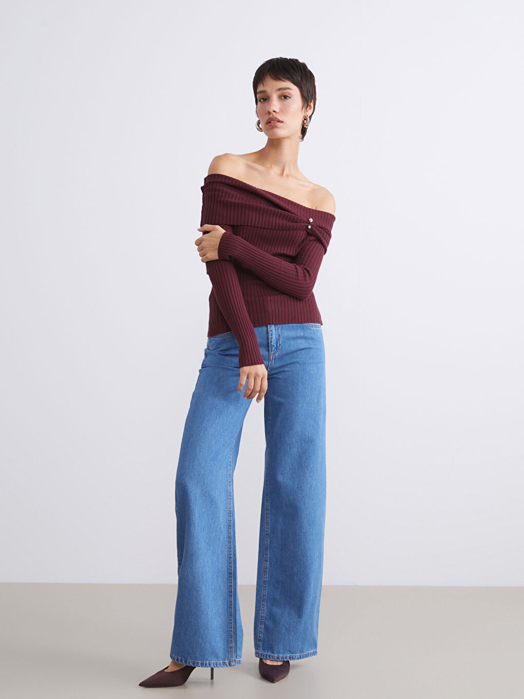 Slash Neck Women's Knitwear Sweater-1