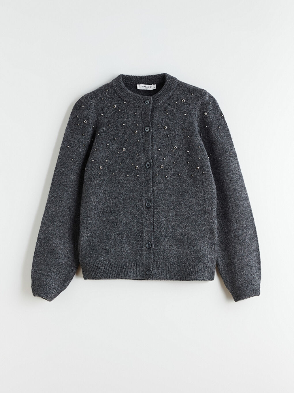 Antrasit Bisiklet Yaka Taşlı Kadın Triko Hırka-4