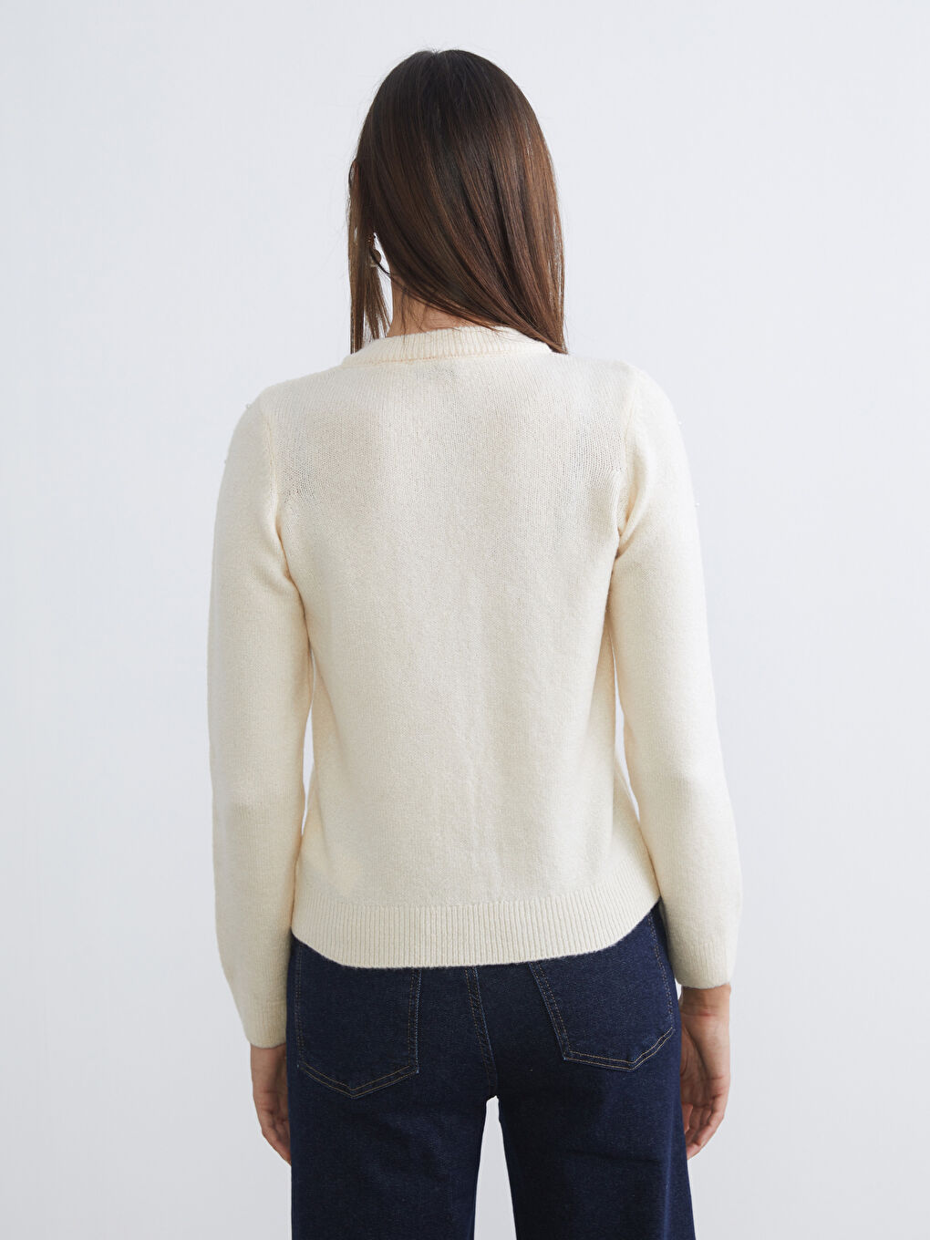 Ekru Bisiklet Yaka Taşlı Kadın Triko Hırka-3