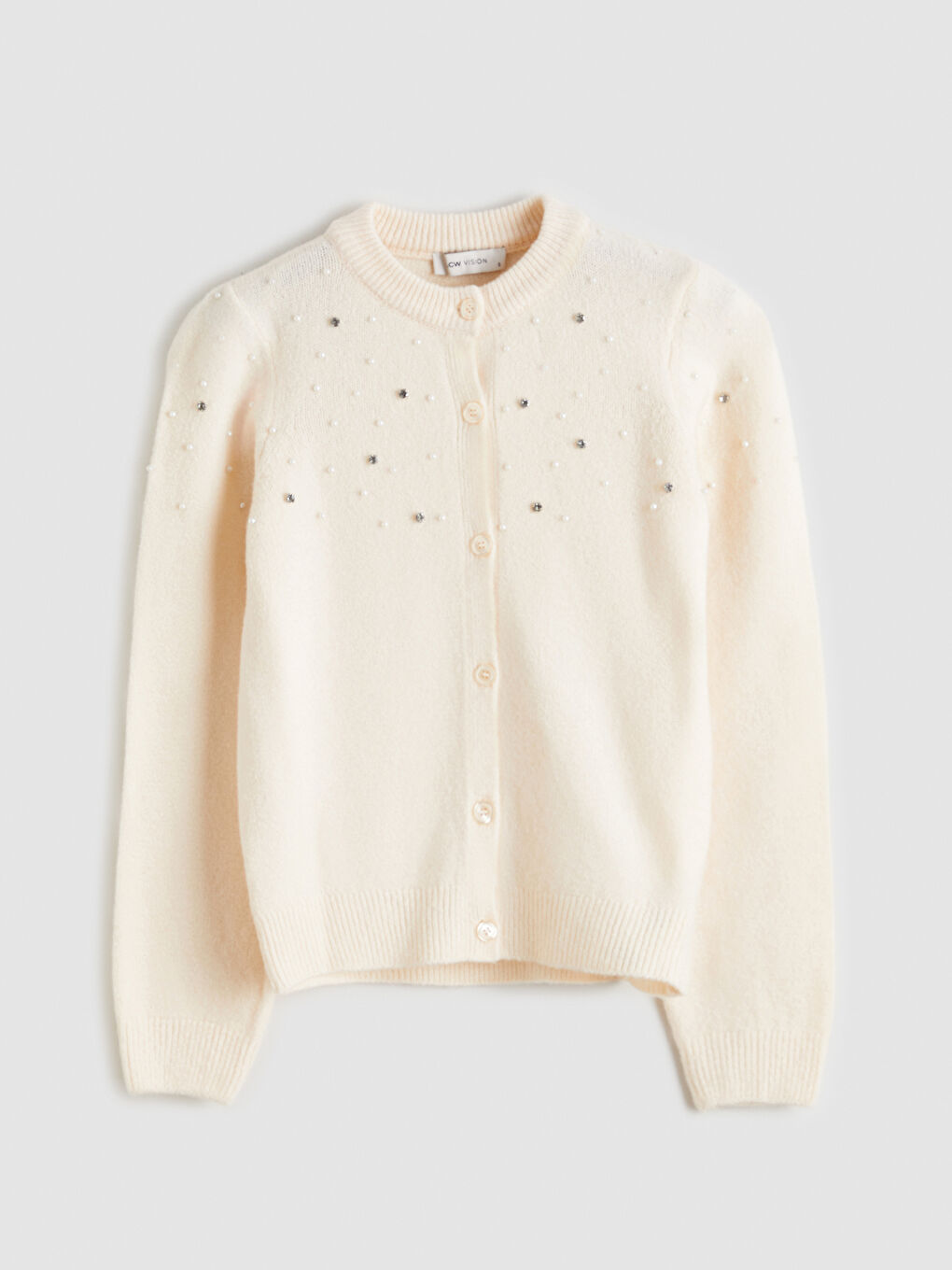 Ekru Bisiklet Yaka Taşlı Kadın Triko Hırka-4