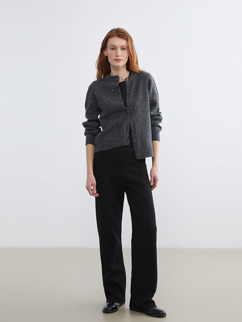 Antrasit Bisiklet Yaka Taşlı Kadın Triko Hırka-1