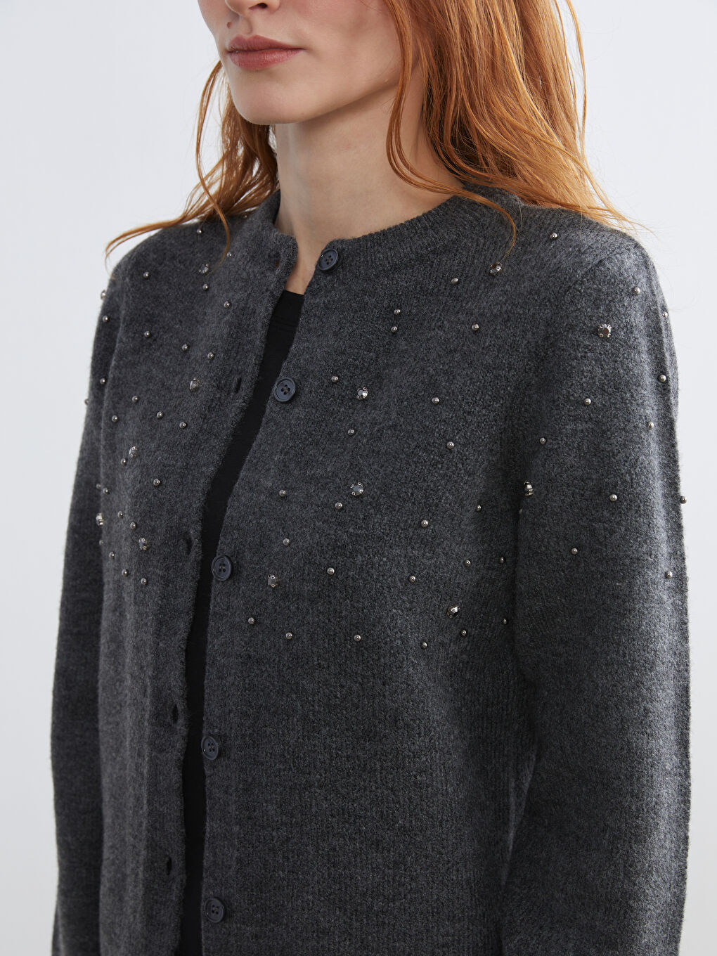 Antrasit Bisiklet Yaka Taşlı Kadın Triko Hırka-2