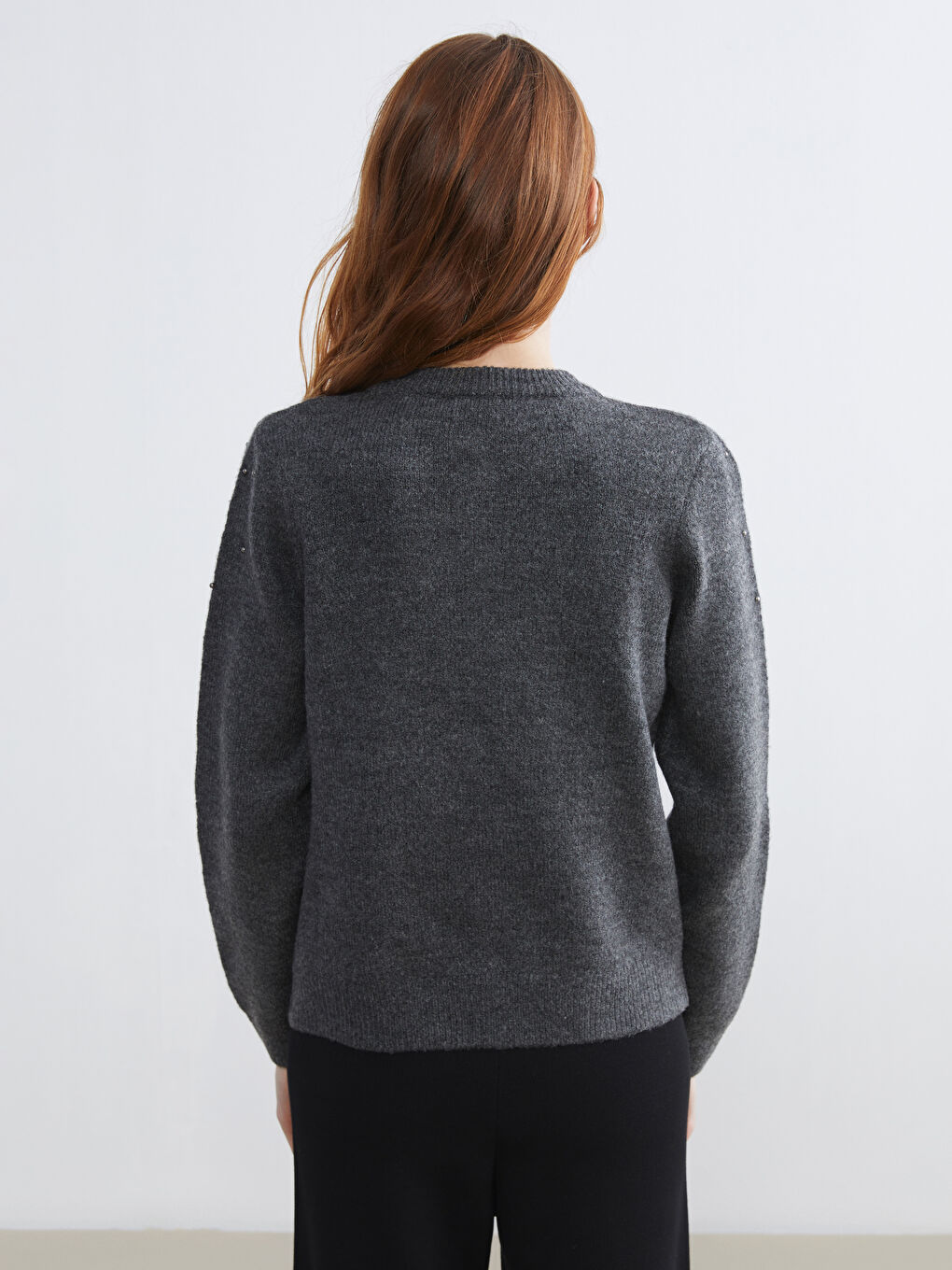 Antrasit Bisiklet Yaka Taşlı Kadın Triko Hırka-3