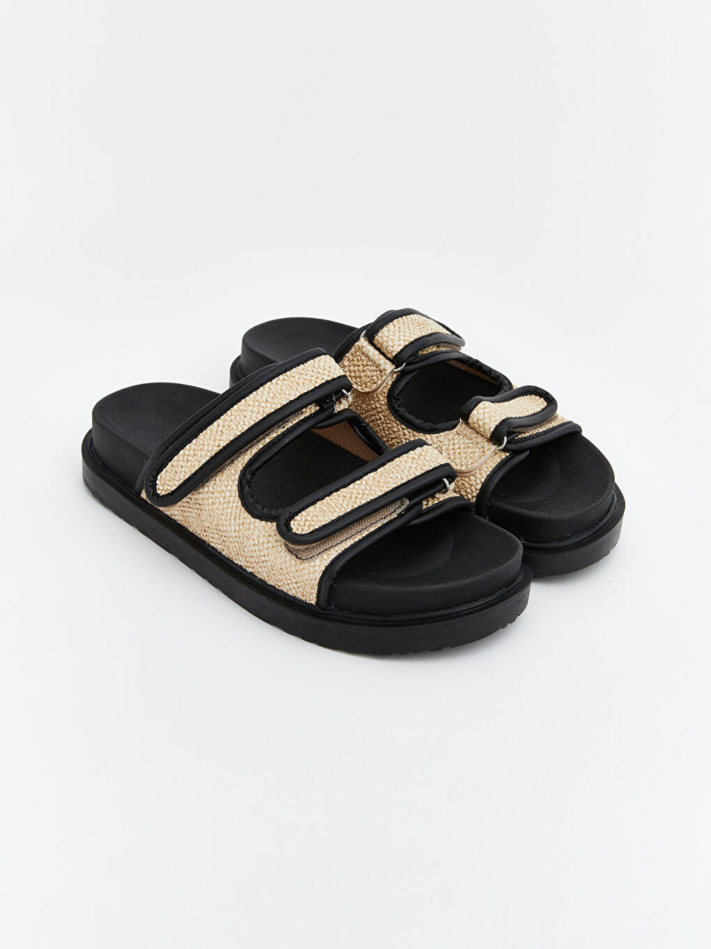 Siyah Çift Bantlı Cırt Cırtlı Kadın Terlik