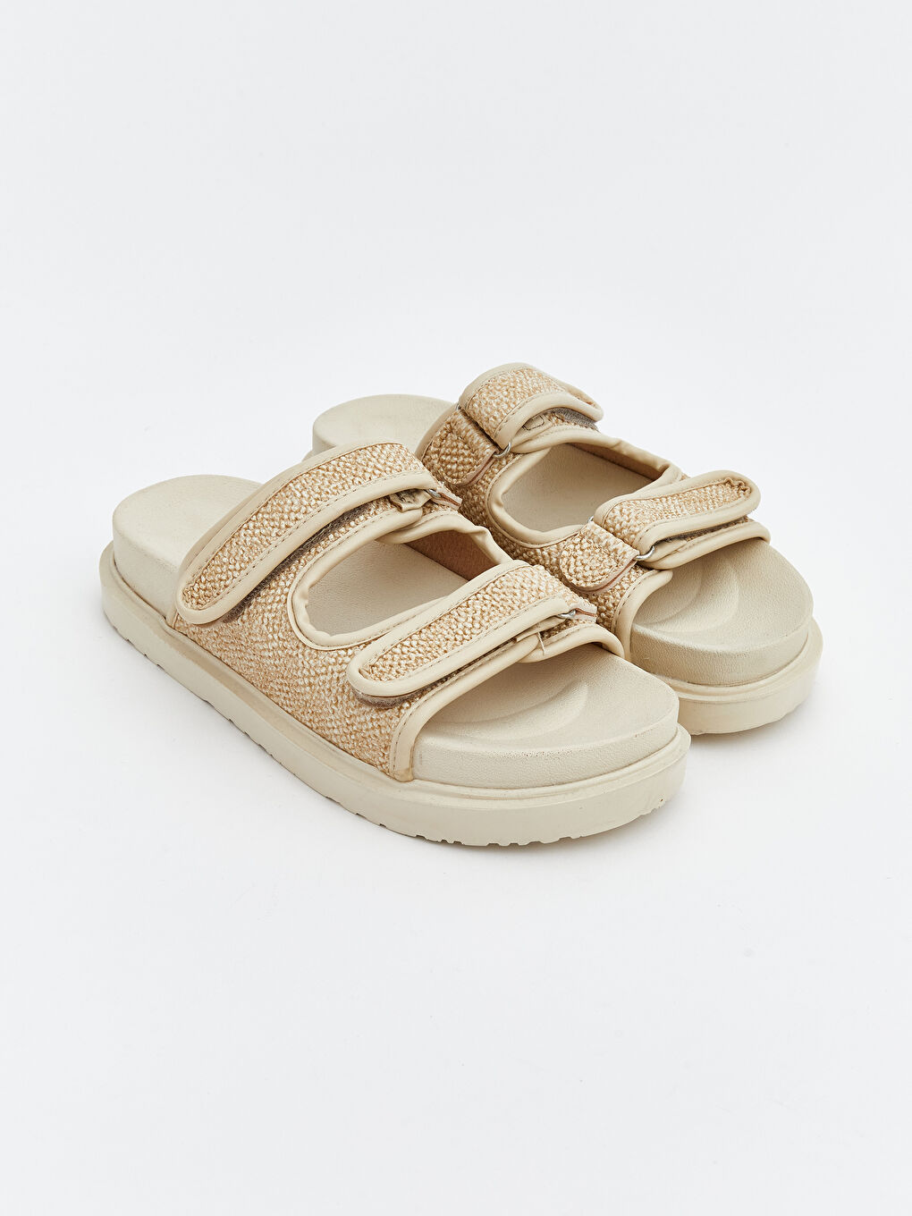 Bej Çift Bantlı Cırt Cırtlı Kadın Terlik