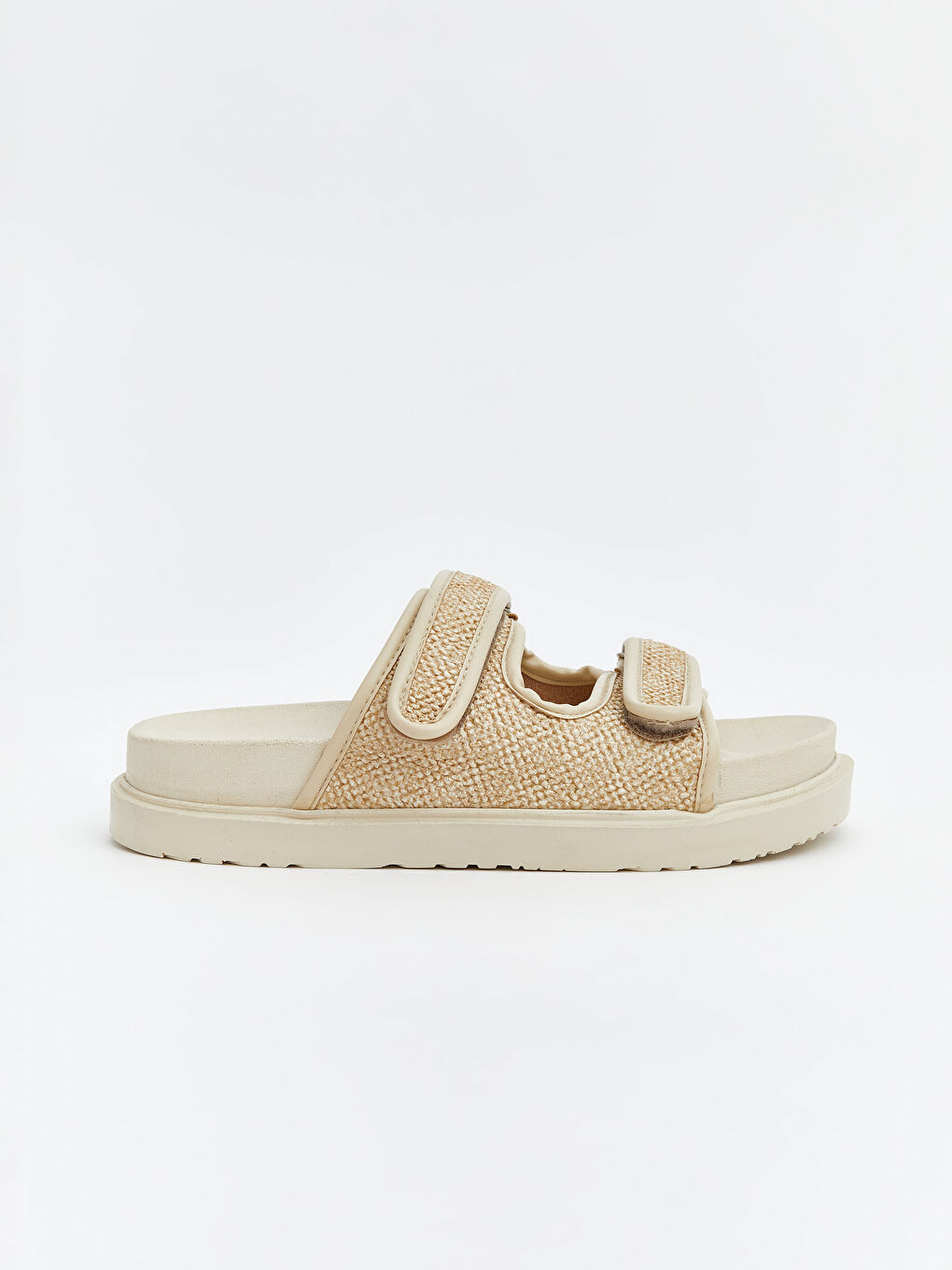 Bej Çift Bantlı Cırt Cırtlı Kadın Terlik-1