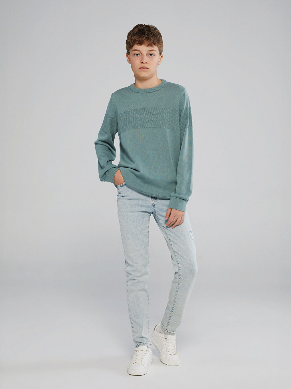 Yeşil Bisiklet Yaka Erkek Çocuk Triko Kazak-1