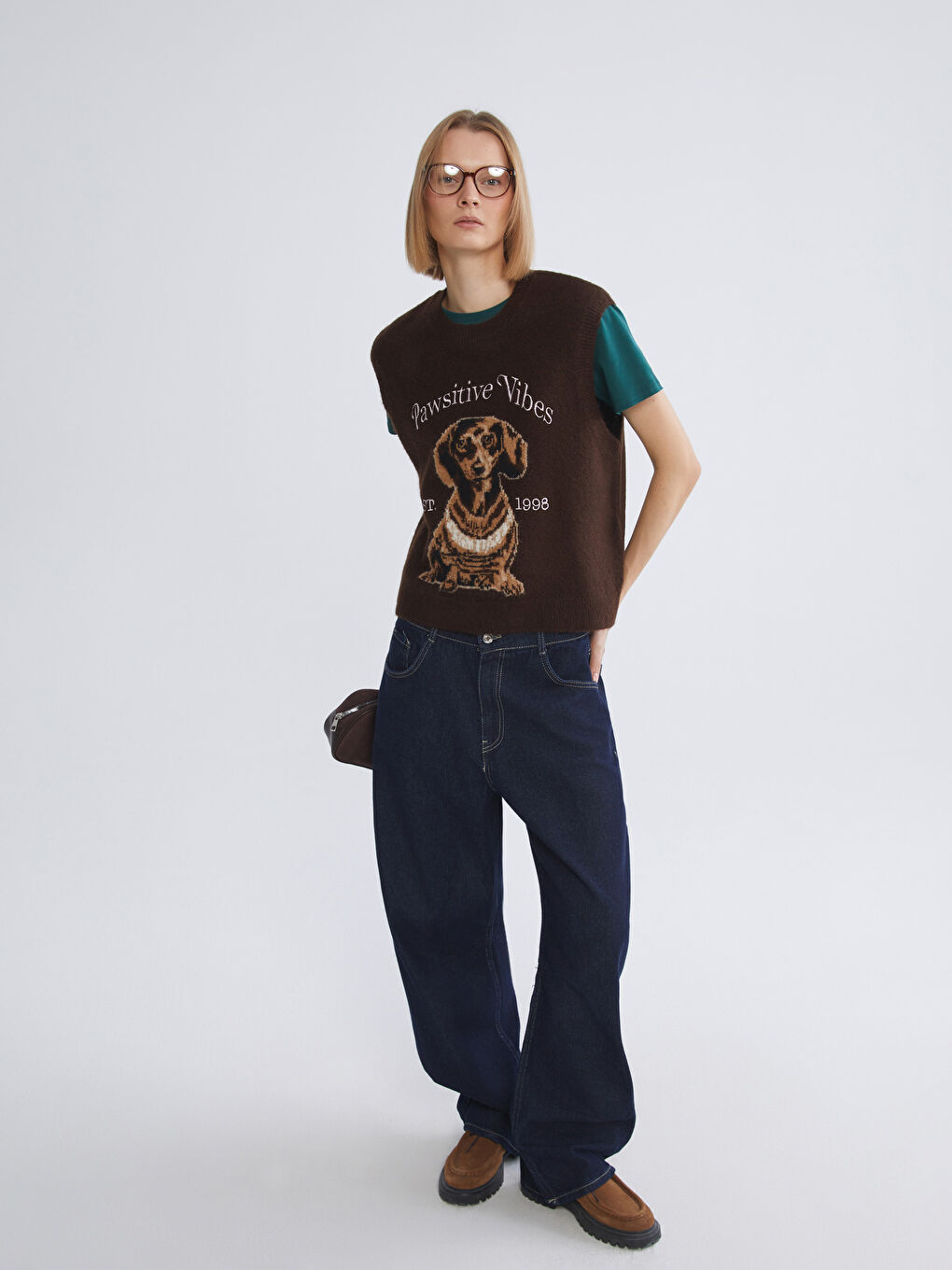 Kahverengi Bisiklet Yaka Köpek Baskılı Kadın Triko Süveter-1