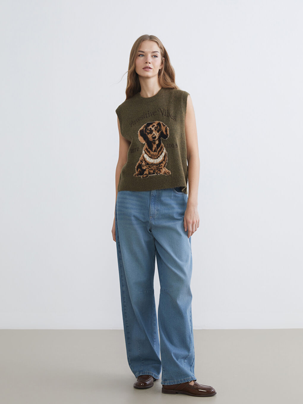 Haki Bisiklet Yaka Köpek Baskılı Kadın Triko Süveter-1