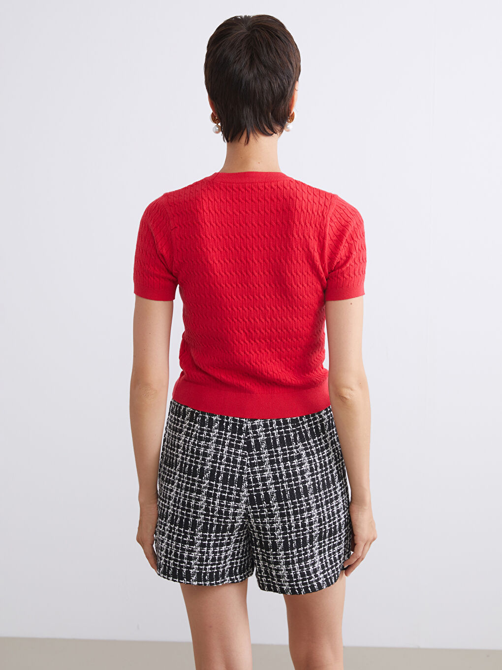 Kırmızı Bisiklet Yaka Kendinden Desenli Kadın Triko Kazak-3