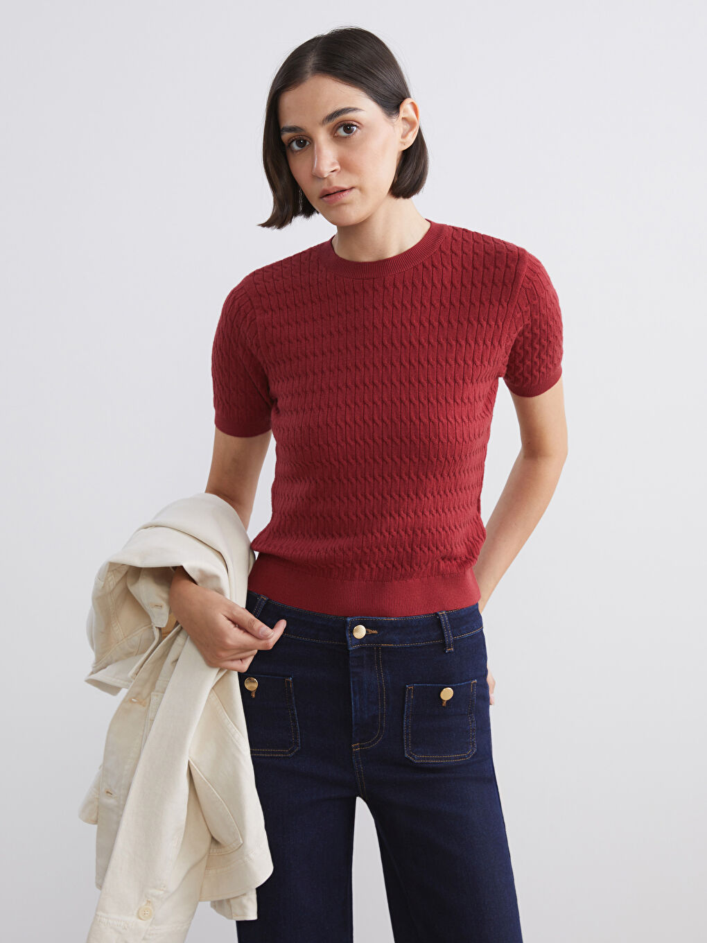 Bordo Bisiklet Yaka Kendinden Desenli Kadın Triko Kazak