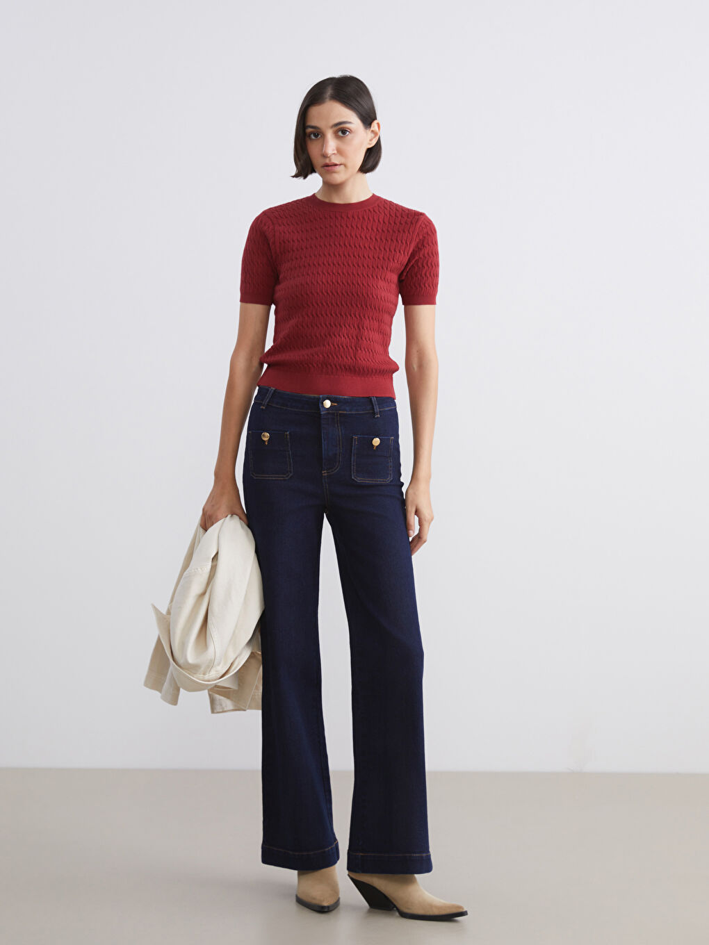 Bordo Bisiklet Yaka Kendinden Desenli Kadın Triko Kazak-1