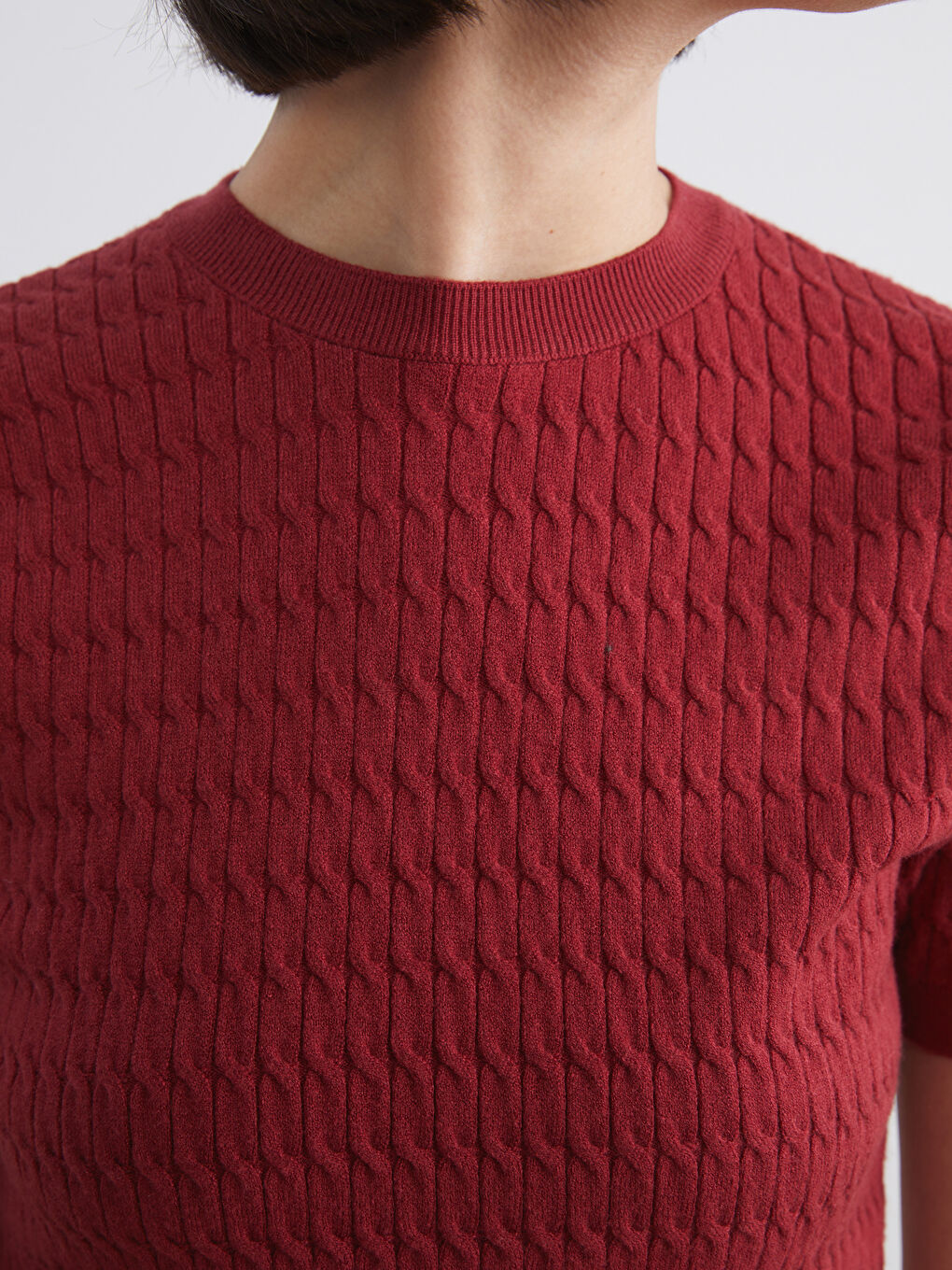 Bordo Bisiklet Yaka Kendinden Desenli Kadın Triko Kazak-2