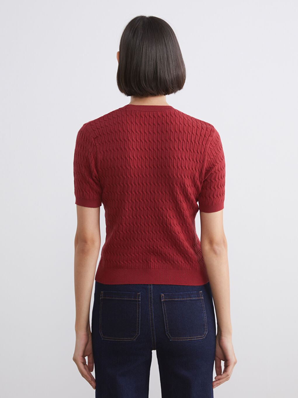 Bordo Bisiklet Yaka Kendinden Desenli Kadın Triko Kazak-3