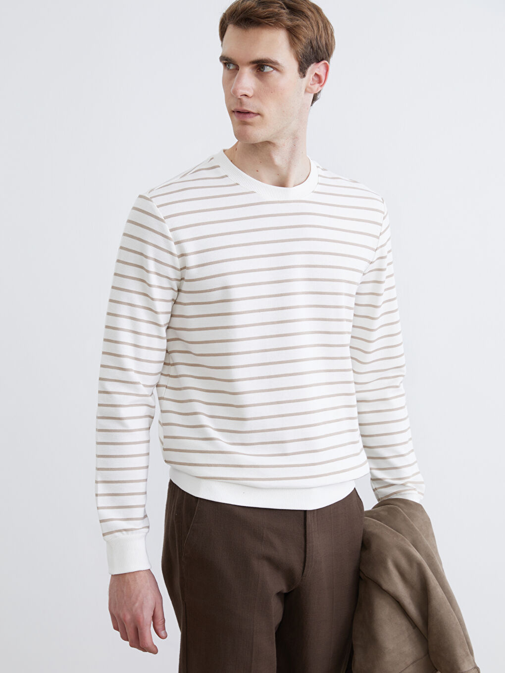 Bej Bisiklet Yaka Çizgili Erkek Sweatshirt